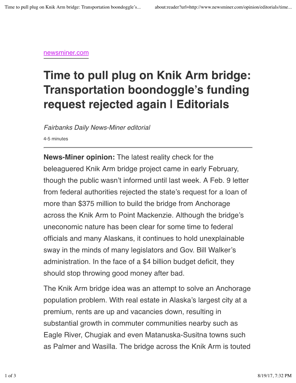 Time to Pull Plug on Knik Arm Bridge: Transportation Boondoggle's