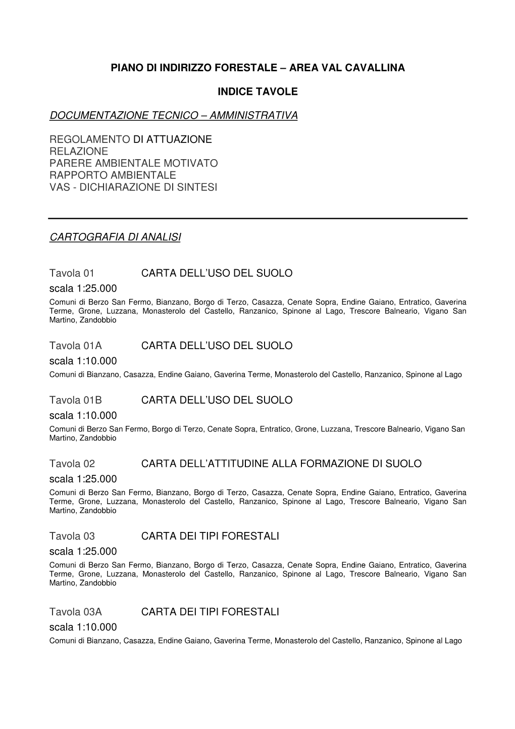 Piano Di Indirizzo Forestale – Area Val Cavallina Indice Tavole Documentazione Tecnico – Amministrativa Regolamento Di Attu