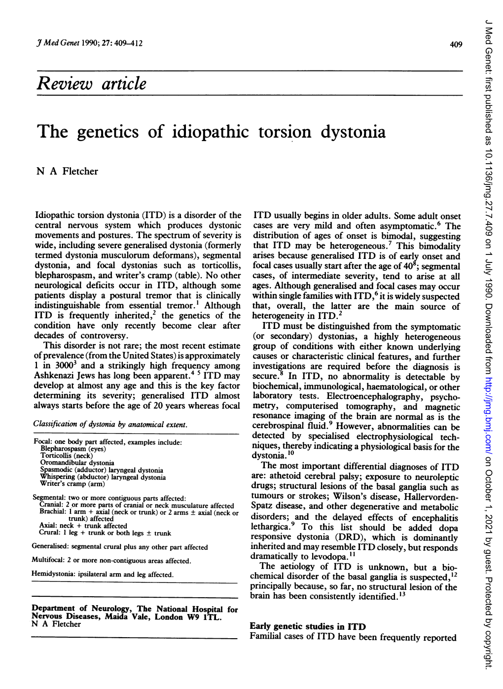 Review Article the Genetics of Idiopathic Torsion Dystonia