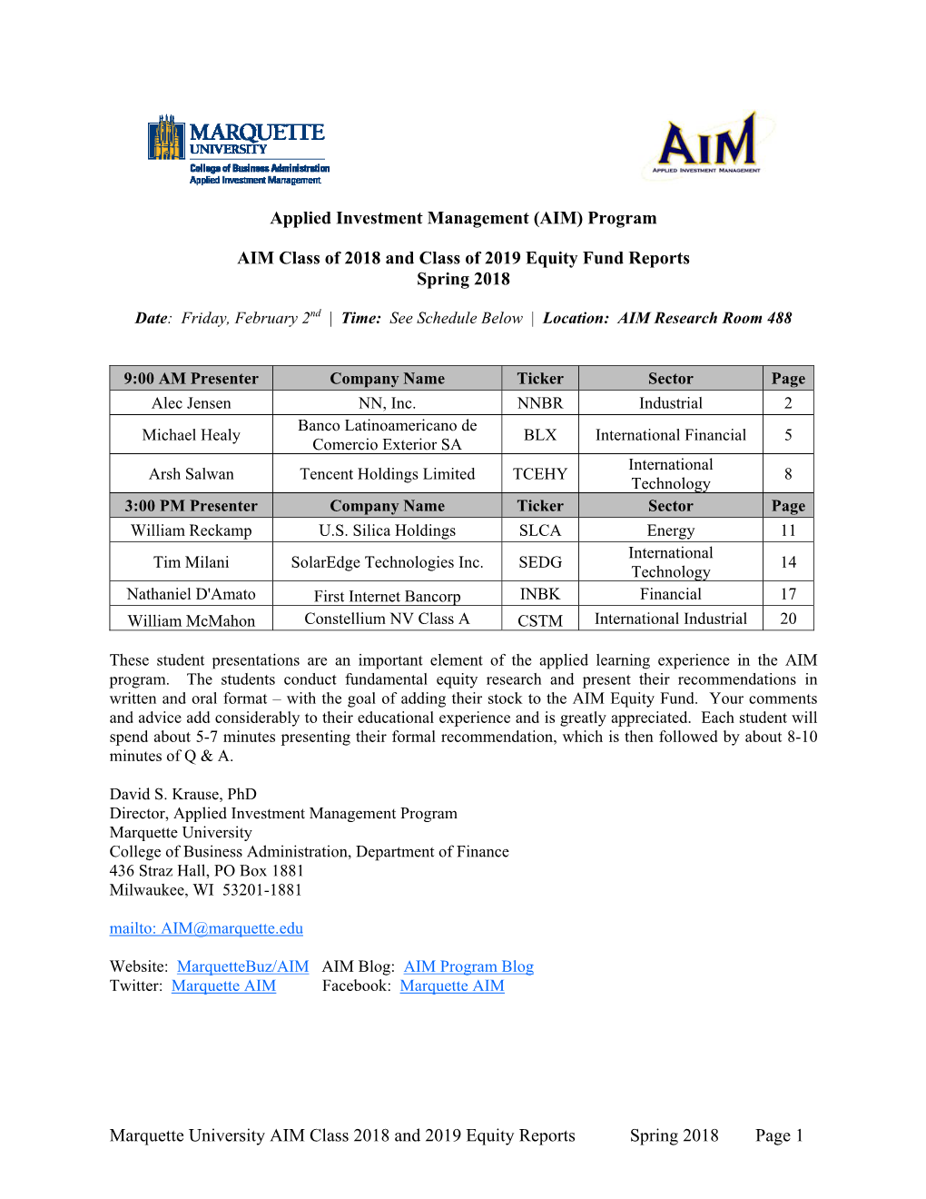 Marquette University AIM Class 2018 and 2019 Equity Reports Spring 2018 Page 1 NN, Inc