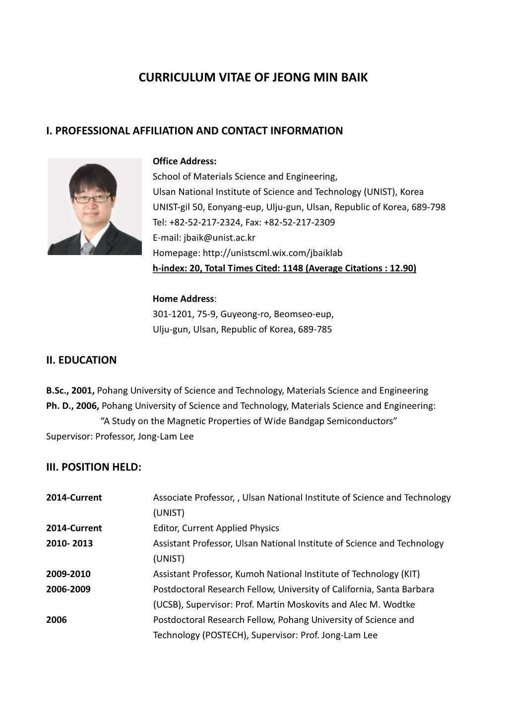 Curriculum Vitae of Jeong Min Baik