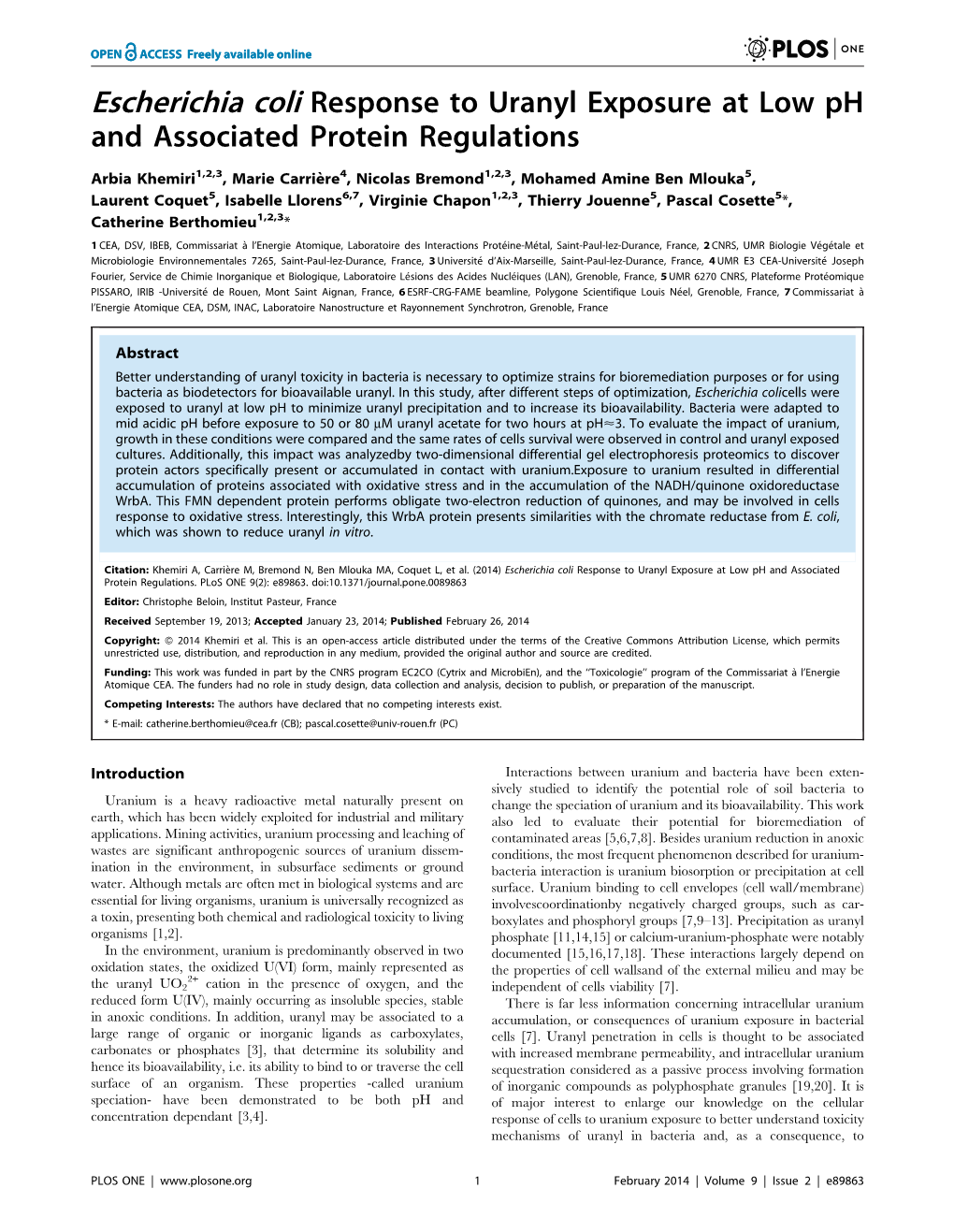 Escherichia Coli Response to Uranyl Exposure at Low Ph and Associated Protein Regulations