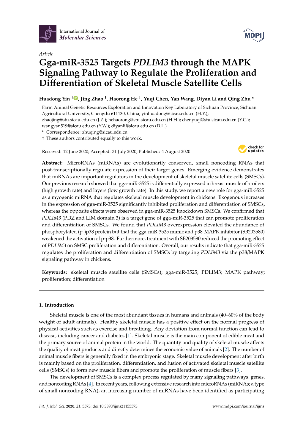 Gga-Mir-3525 Targets PDLIM3 Through the MAPK Signaling Pathway to Regulate the Proliferation and Diﬀerentiation of Skeletal Muscle Satellite Cells