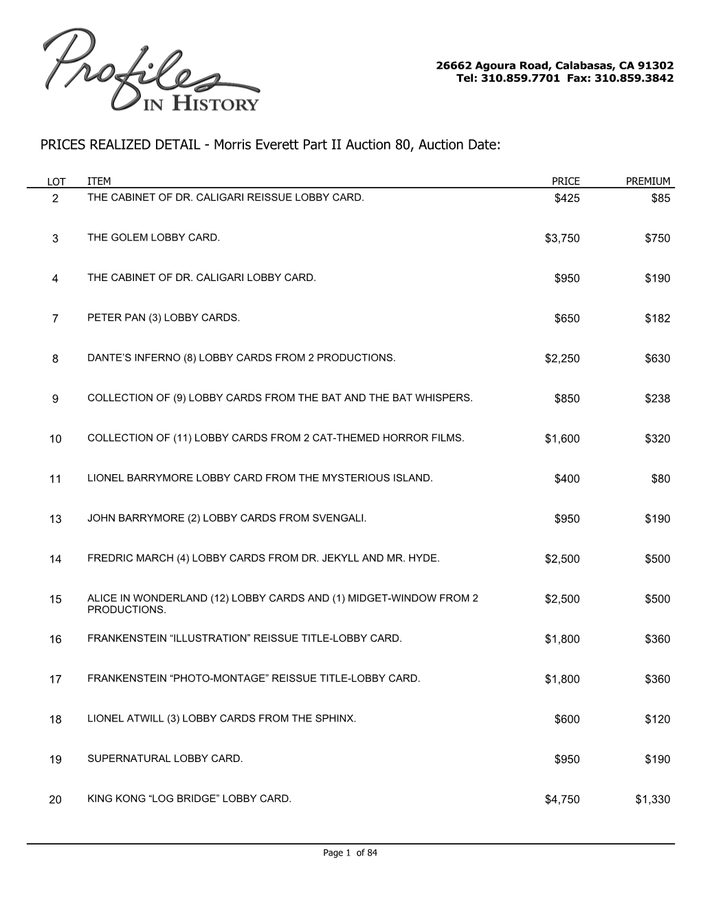 PRICES REALIZED DETAIL - Morris Everett Part II Auction 80, Auction Date