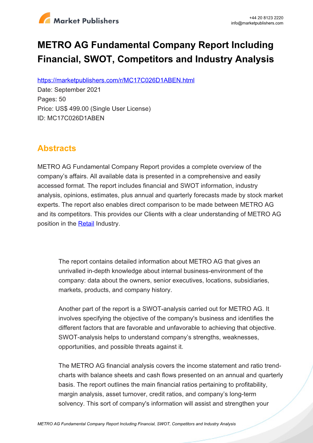 METRO AG Fundamental Company Report Including Financial, SWOT