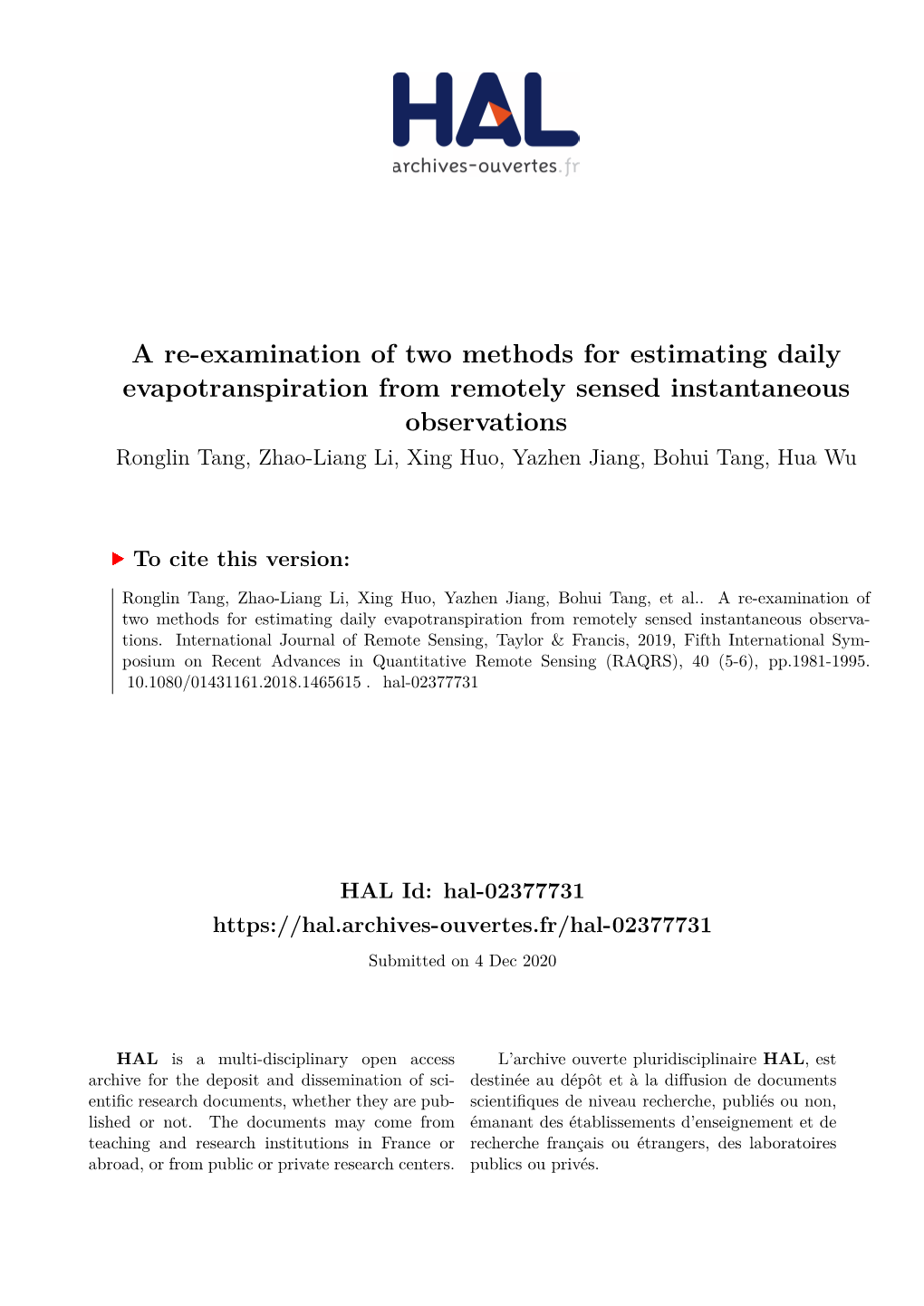 A Re-Examination of Two Methods for Estimating Daily Evapotranspiration