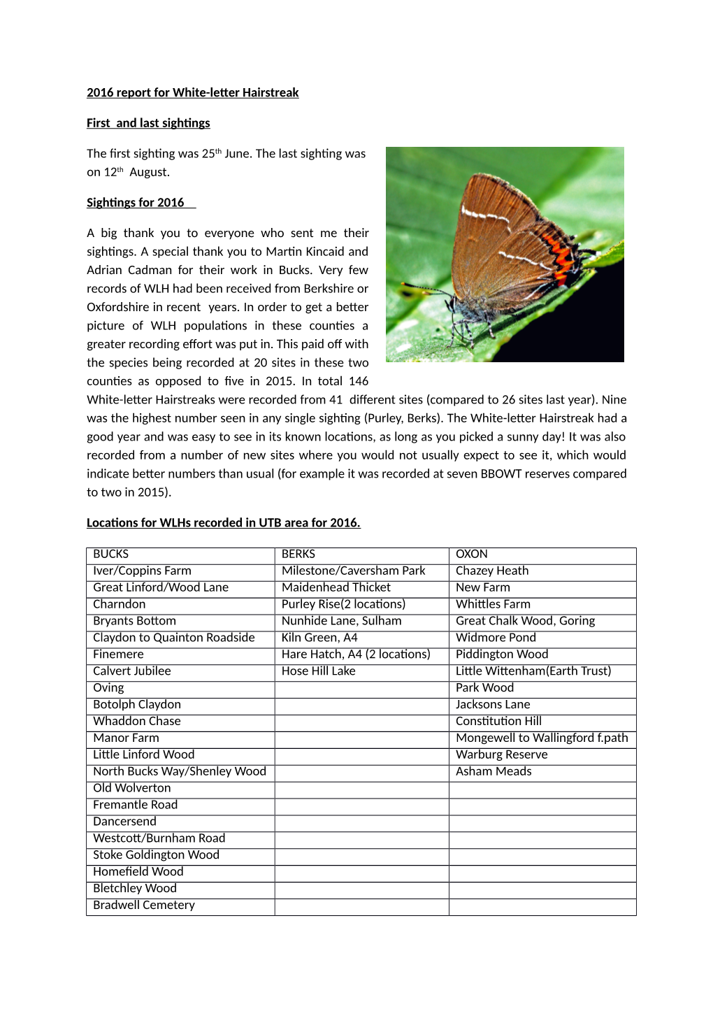 2016 Report for White-Letter Hairstreak First and Last Sightings the First