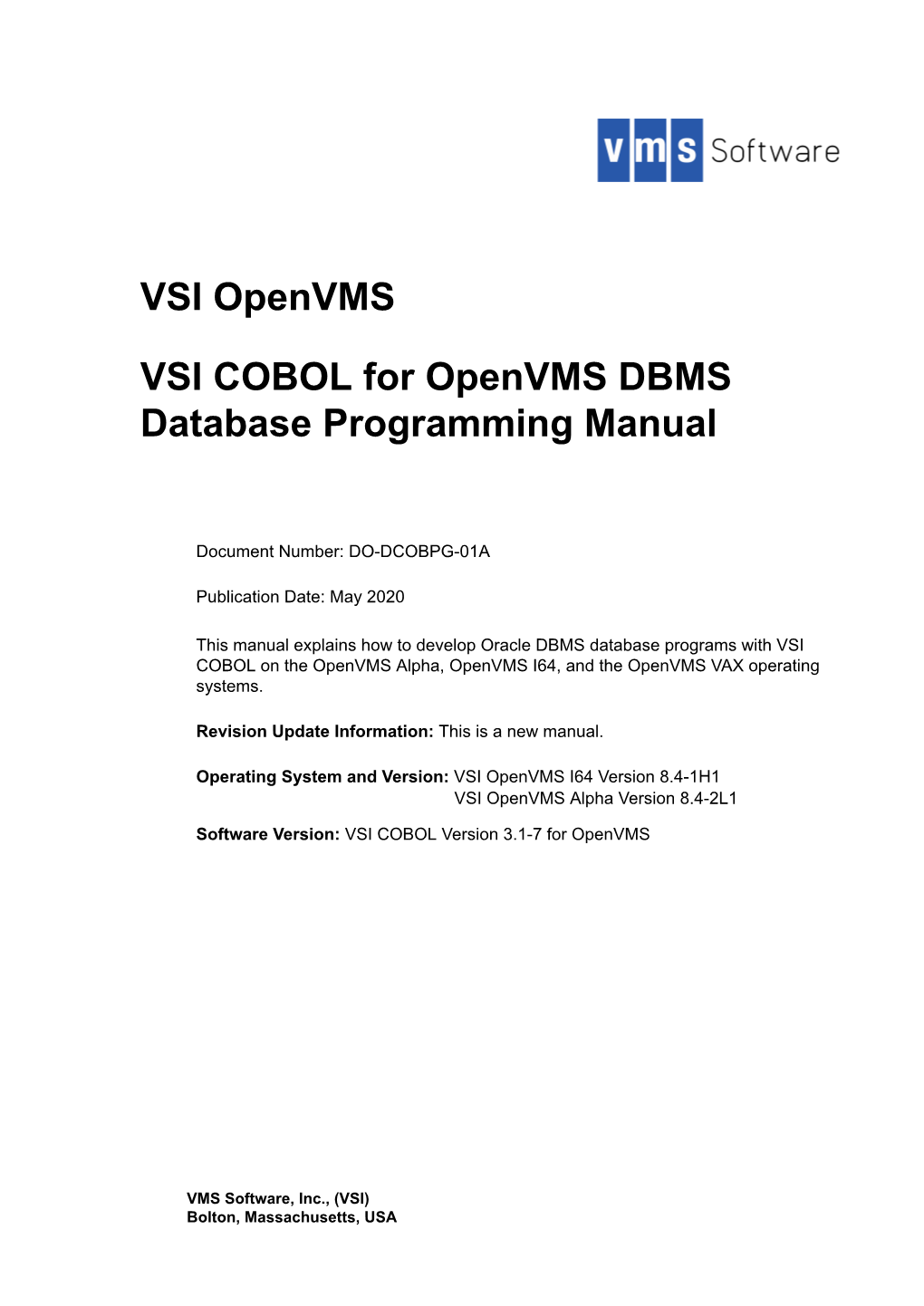 VSI COBOL for Openvms DBMS Database Programming Manual