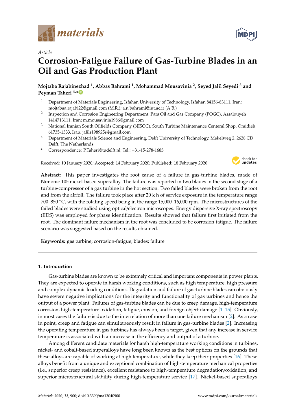 Corrosion-Fatigue Failure of Gas-Turbine Blades in an Oil and Gas Production Plant