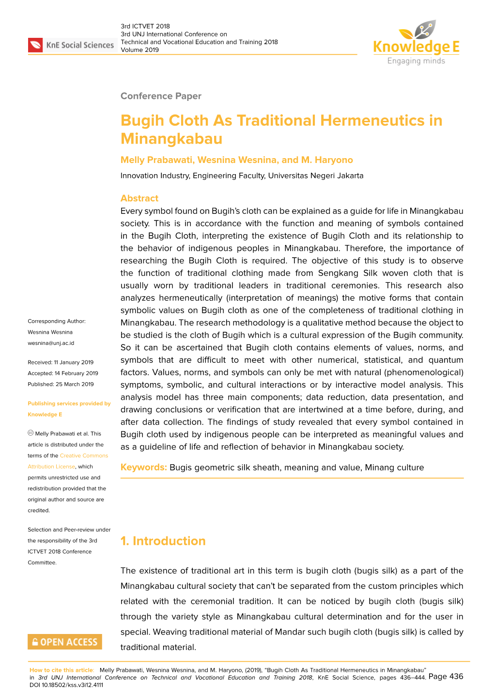 Bugih Cloth As Traditional Hermeneutics in Minangkabau Melly Prabawati, Wesnina Wesnina, and M