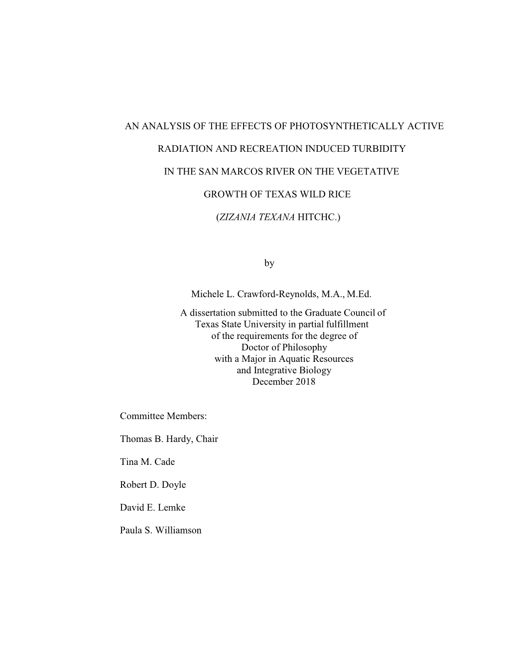 An Analysis of the Effects of Photosynthetically Active Radiation and Recreation Induced Turbidity in the San Marcos River