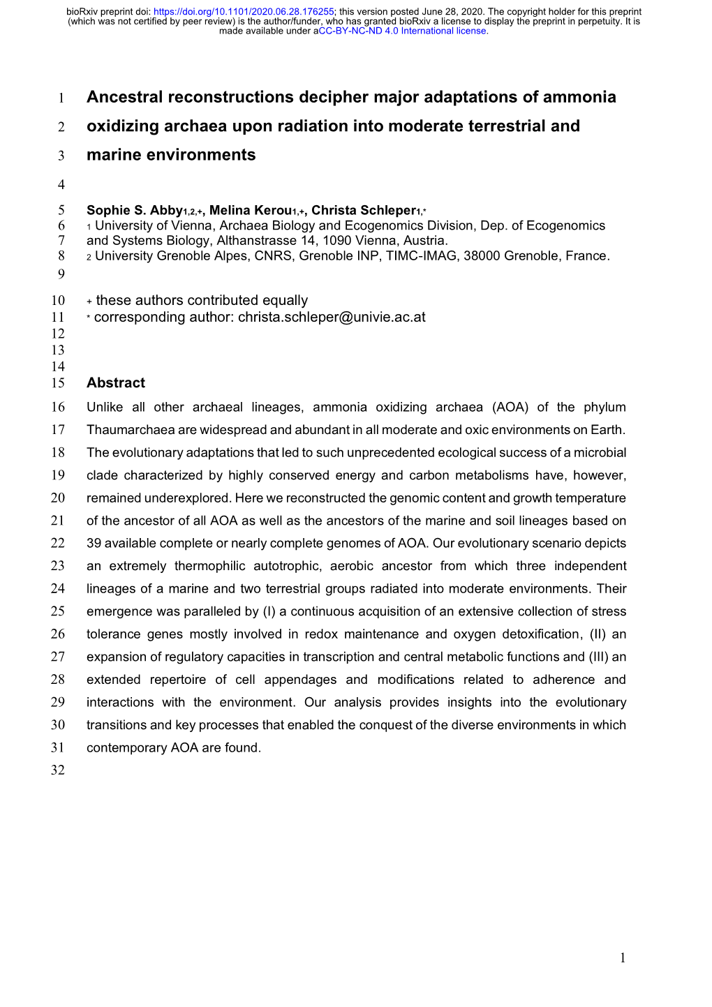 Ancestral Reconstructions Decipher Major Adaptations of Ammonia 2 Oxidizing Archaea Upon Radiation Into Moderate Terrestrial and 3 Marine Environments 4