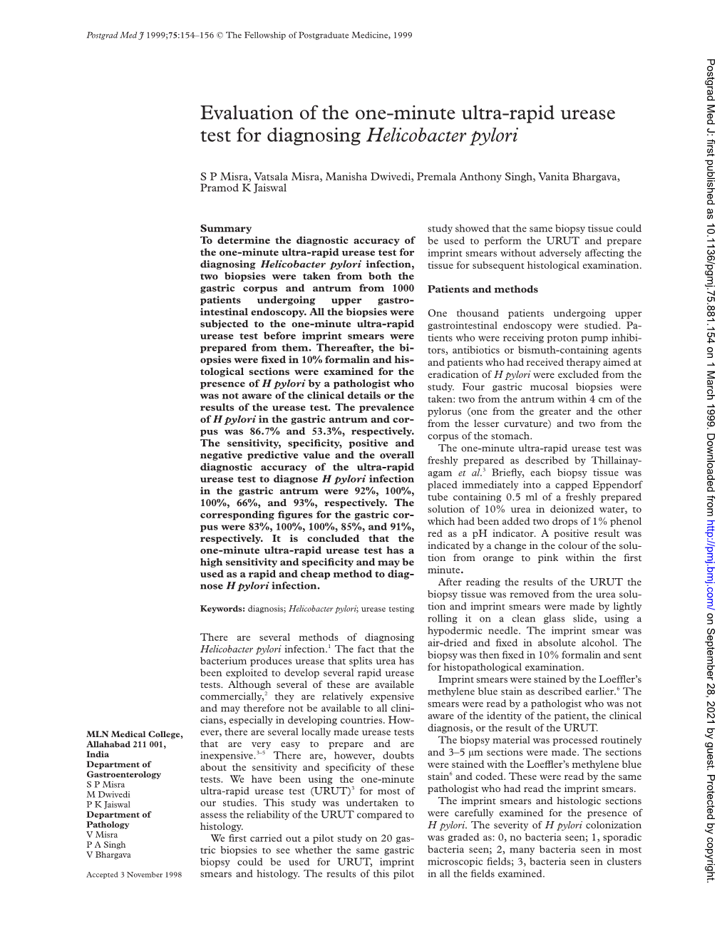 Evaluation of the One-Minute Ultra-Rapid Urease Test for Diagnosing Helicobacter Pylori