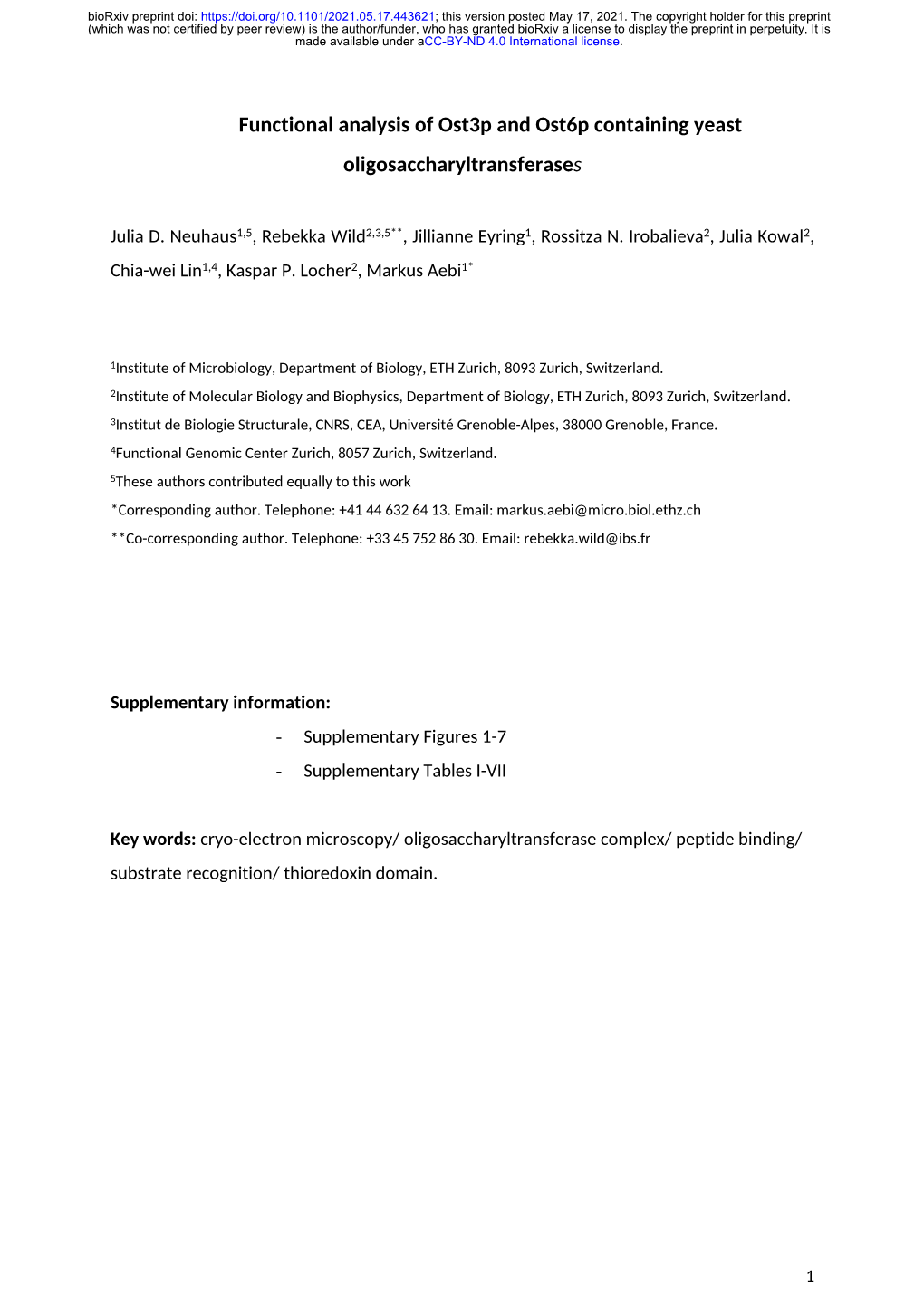 Functional Analysis of Ost3p and Ost6p Containing Yeast Oligosaccharyltransferases