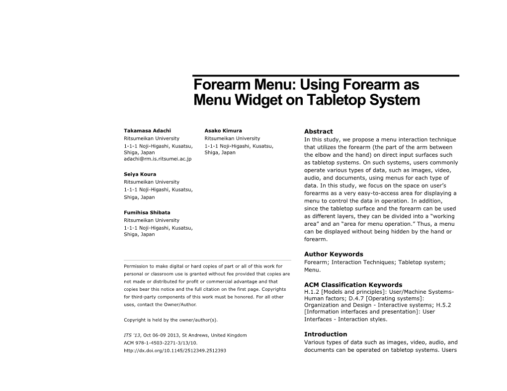 Forearm Menu: Using Forearm As Menu Widget on Tabletop System