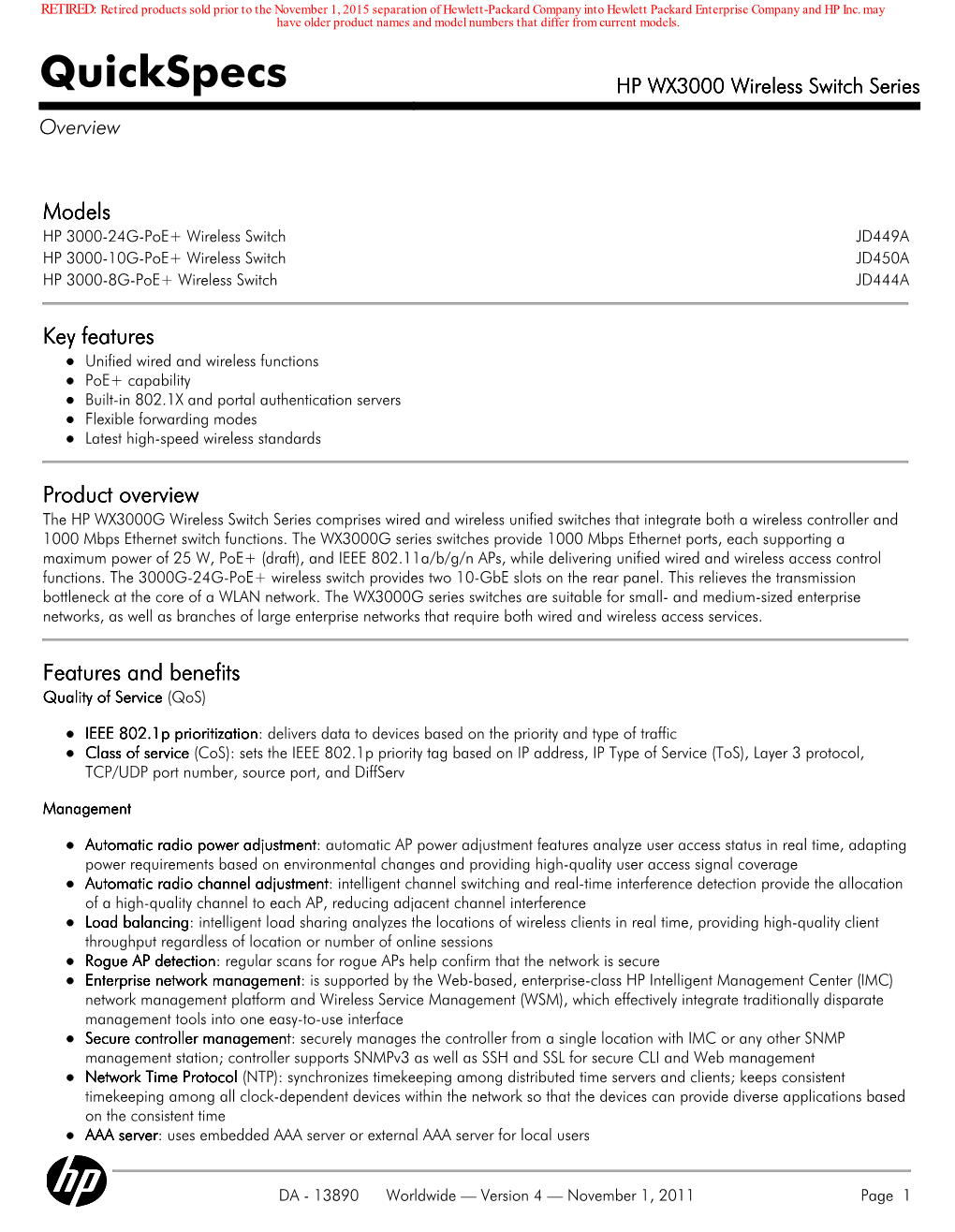 Quickspecs HP WX3000 Wireless Switch Series Overview