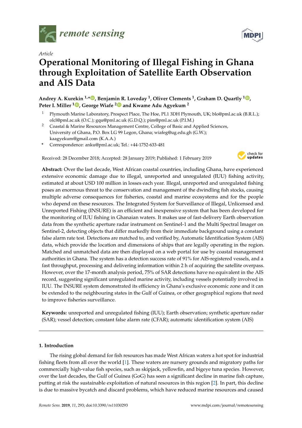 Operational Monitoring of Illegal Fishing in Ghana Through Exploitation of Satellite Earth Observation and AIS Data