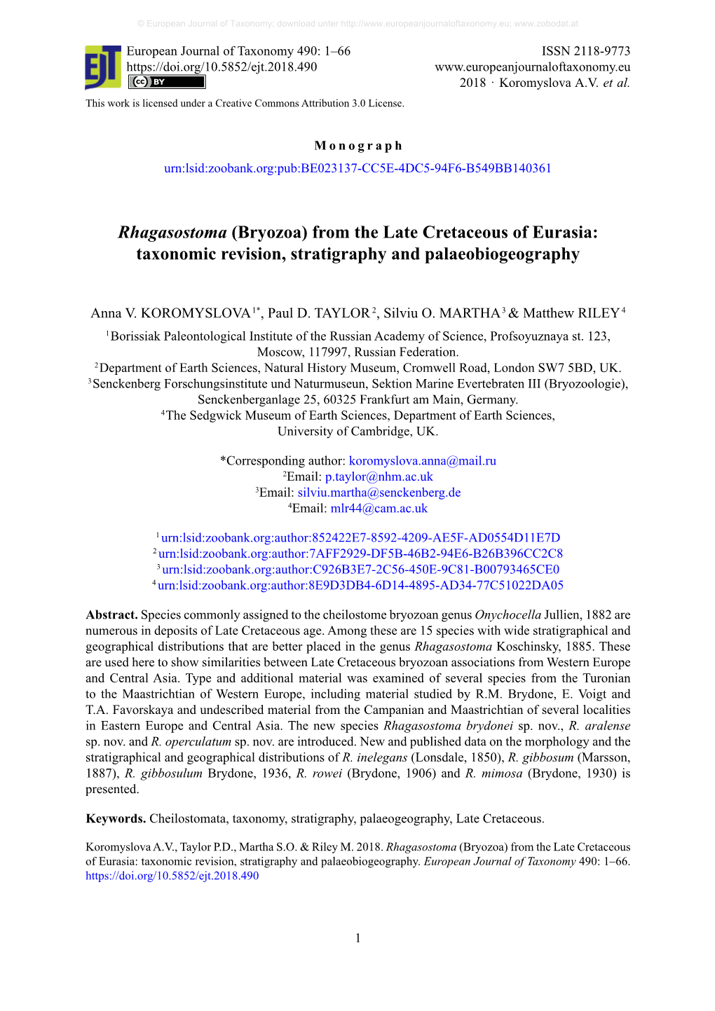 Rhagasostoma (Bryozoa) from the Late Cretaceous of Eurasia: Taxonomic Revision, Stratigraphy and Palaeobiogeography