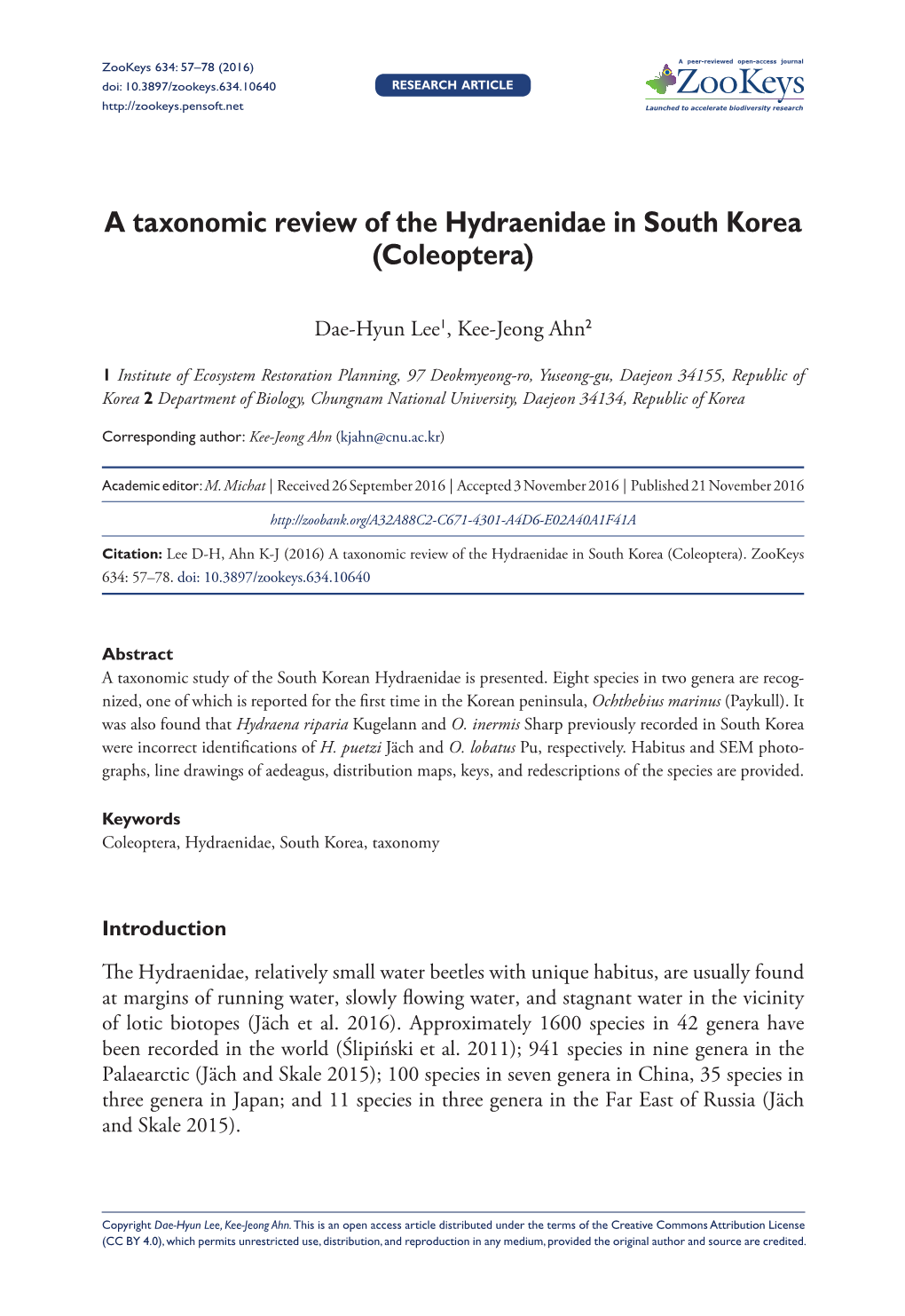 ﻿A Taxonomic Review of the Hydraenidae in South Korea