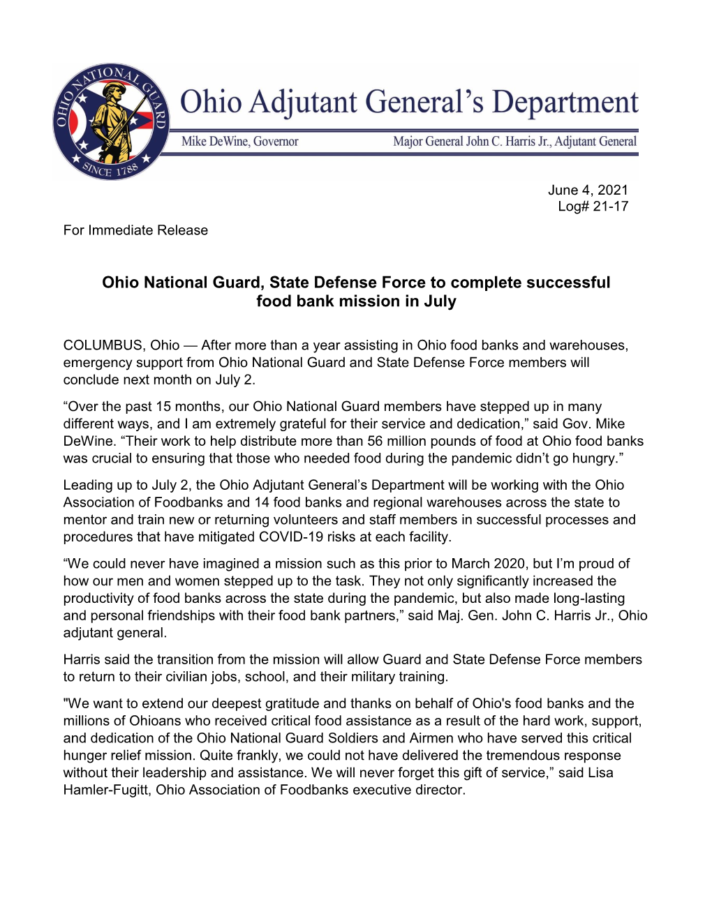 Ohio National Guard, State Defense Force to Complete Successful Food Bank Mission in July