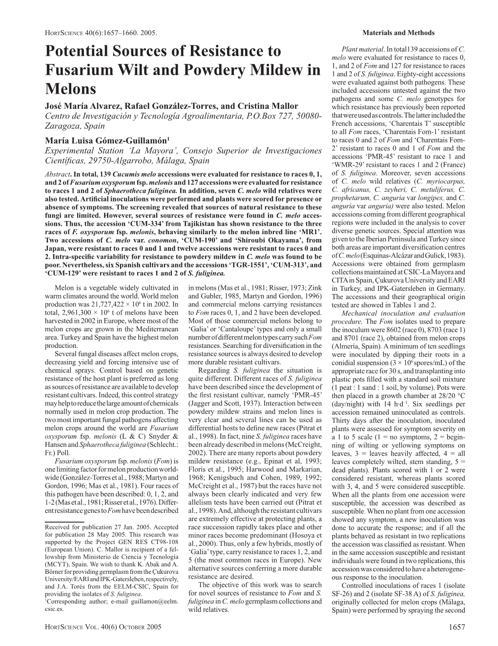 Potential Sources of Resistance to Fusarium Wilt and Powdery Mildew