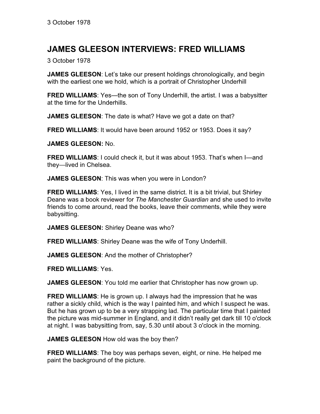 JAMES GLEESON INTERVIEWS: FRED WILLIAMS 3 October 1978