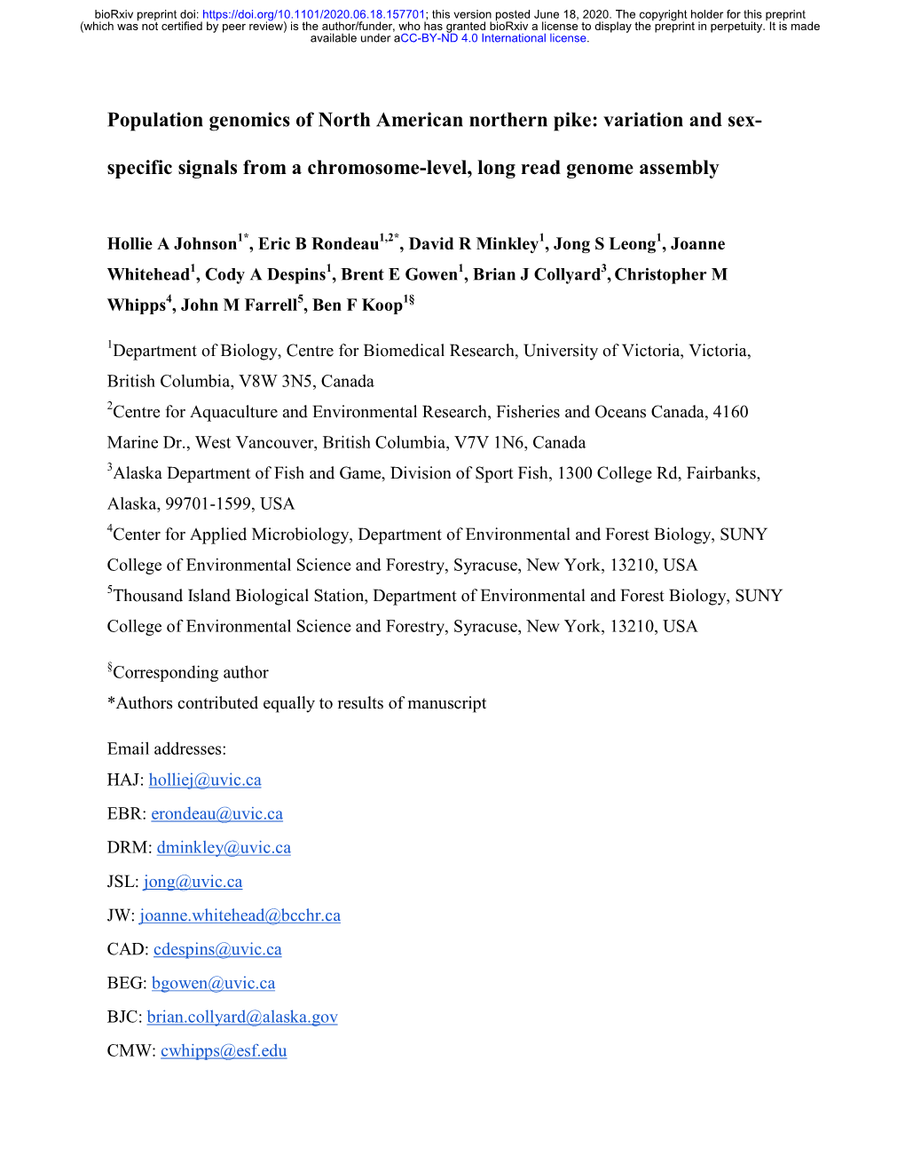 Population Genomics of North American Northern Pike: Variation and Sex