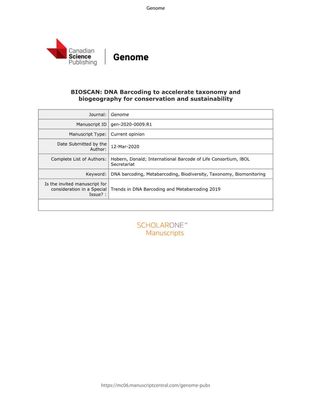 BIOSCAN: DNA Barcoding to Accelerate Taxonomy and Biogeography for Conservation and Sustainability