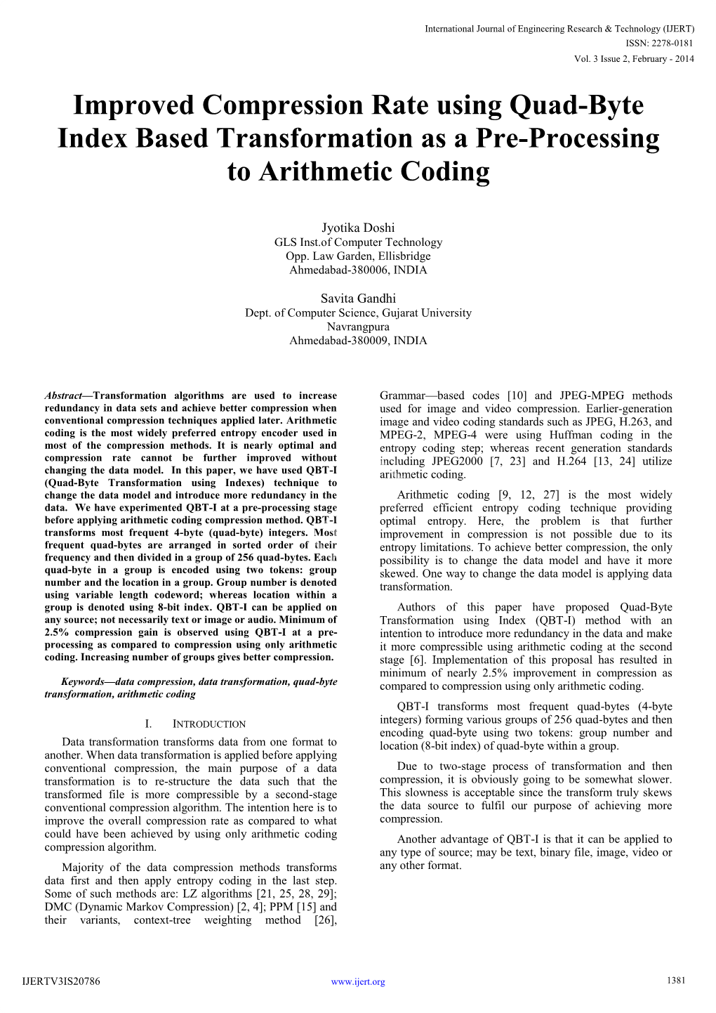 Improved Compression Rate Using Quad-Byte Index Based Transformation As a Pre-Processing to Arithmetic Coding