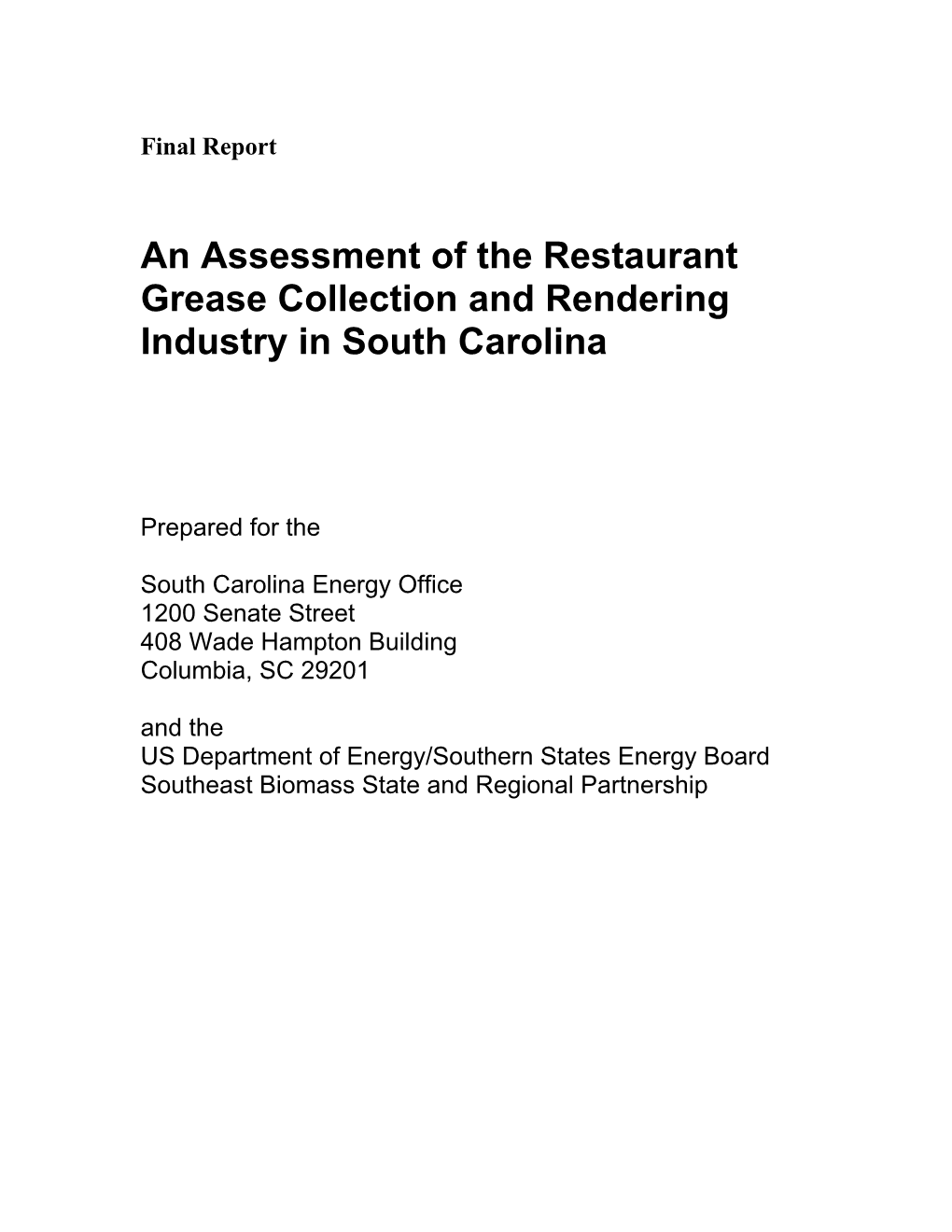An Assessment of the Restaurant Grease Collection and Rendering Industry in South Carolina