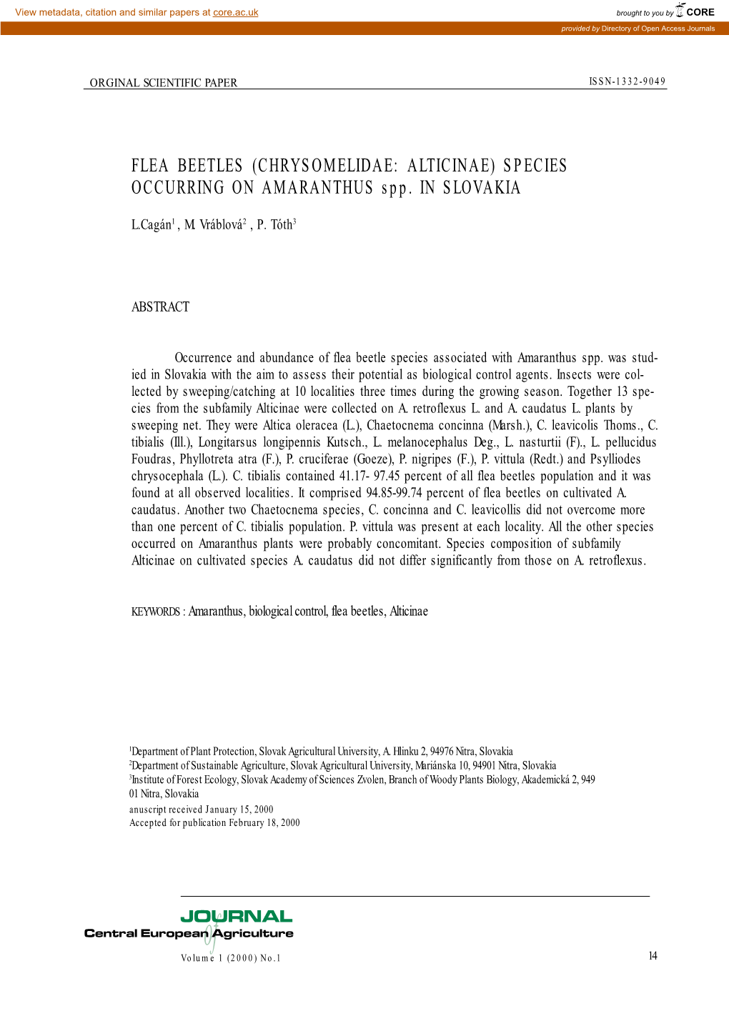 FLEA BEETLES (CHRYSOMELIDAE: ALTICINAE) SPECIES OCCURRING on AMARANTHUS Spp