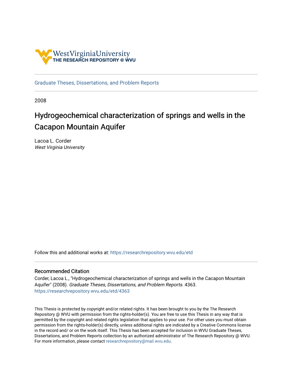 Hydrogeochemical Characterization of Springs and Wells in the Cacapon Mountain Aquifer