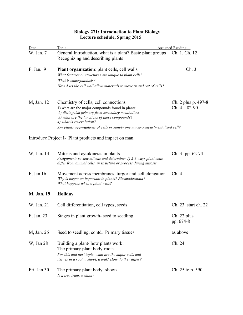 Biology 271: Introduction to Plant Biology