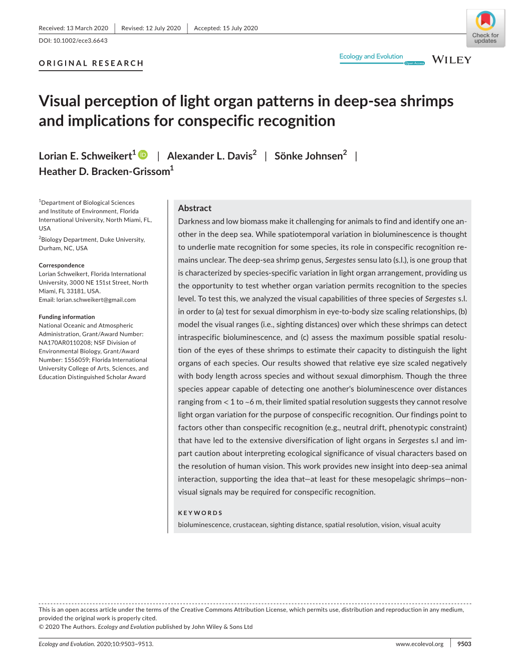 Visual Perception of Light Organ Patterns in Deep‐Sea Shrimps And