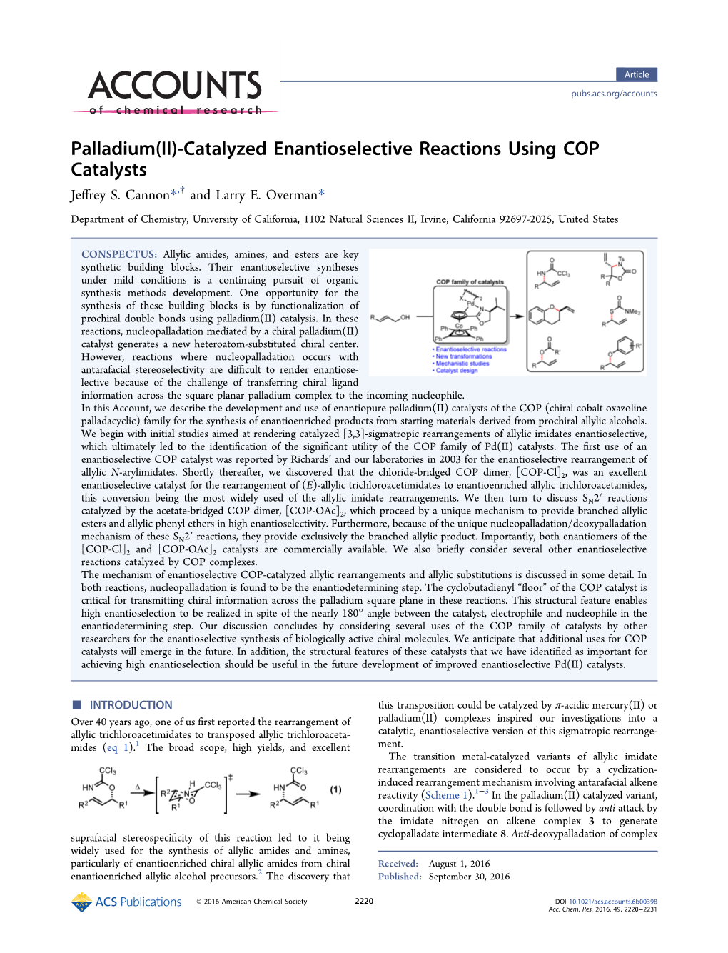 Palladium(II)-Catalyzed Enantioselective Reactions Using COP Catalysts Jeﬀrey S