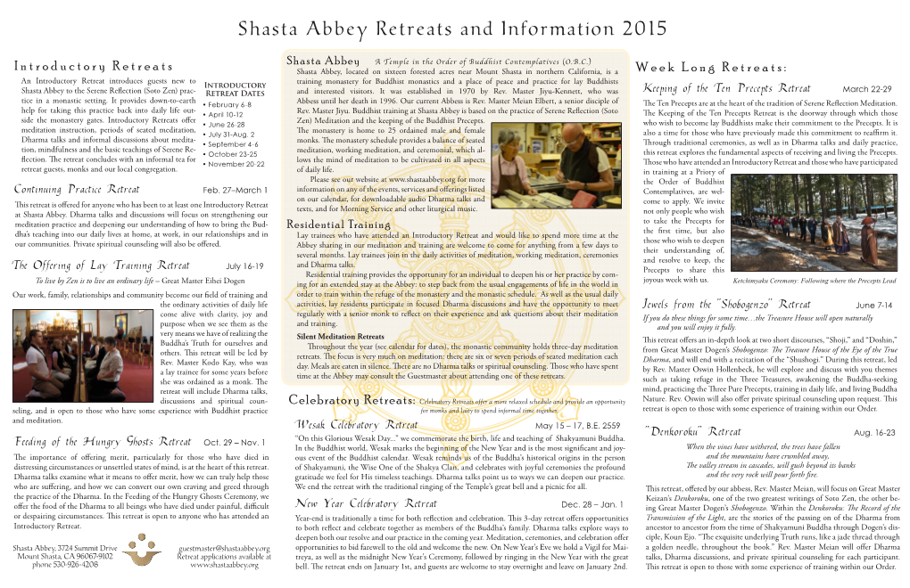 Shasta Abbey Retreats and Information 2015