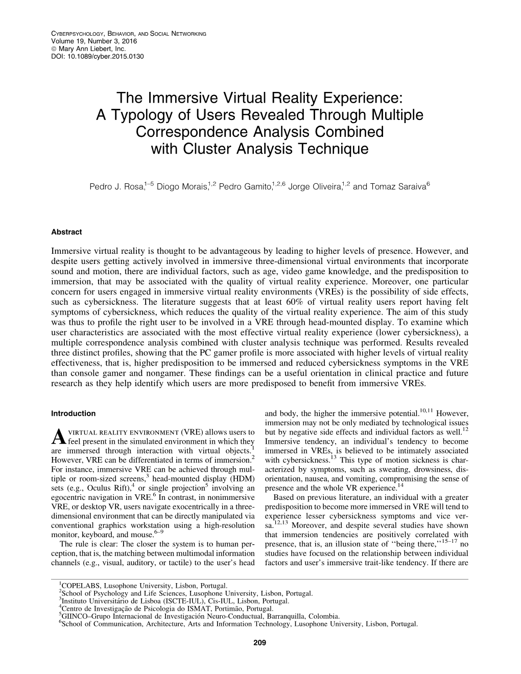 The Immersive Virtual Reality Experience: a Typology of Users Revealed Through Multiple Correspondence Analysis Combined with Cluster Analysis Technique