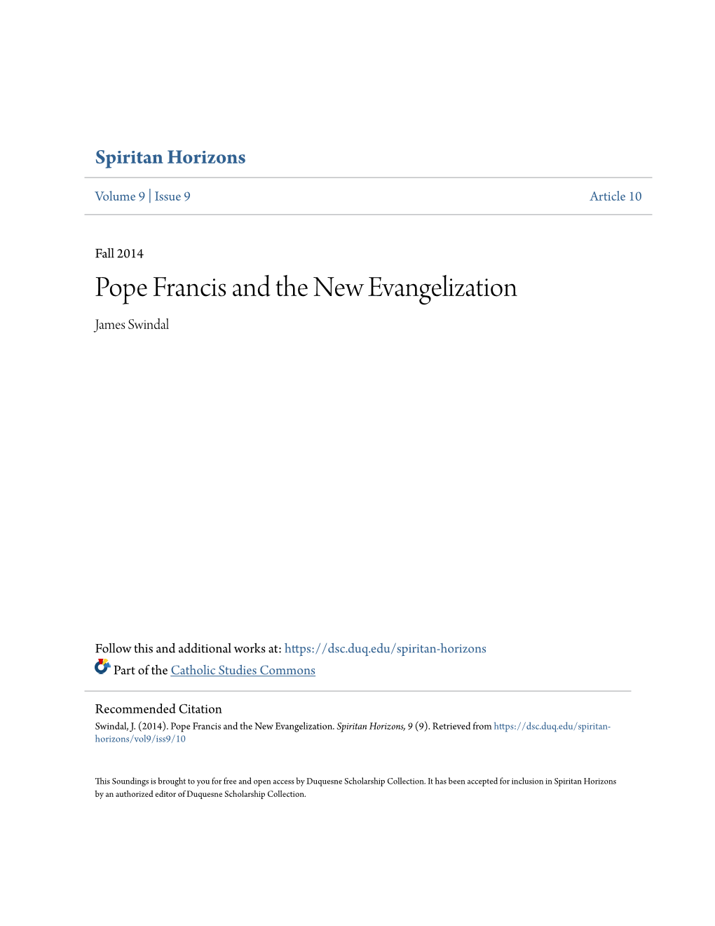 Pope Francis and the New Evangelization James Swindal