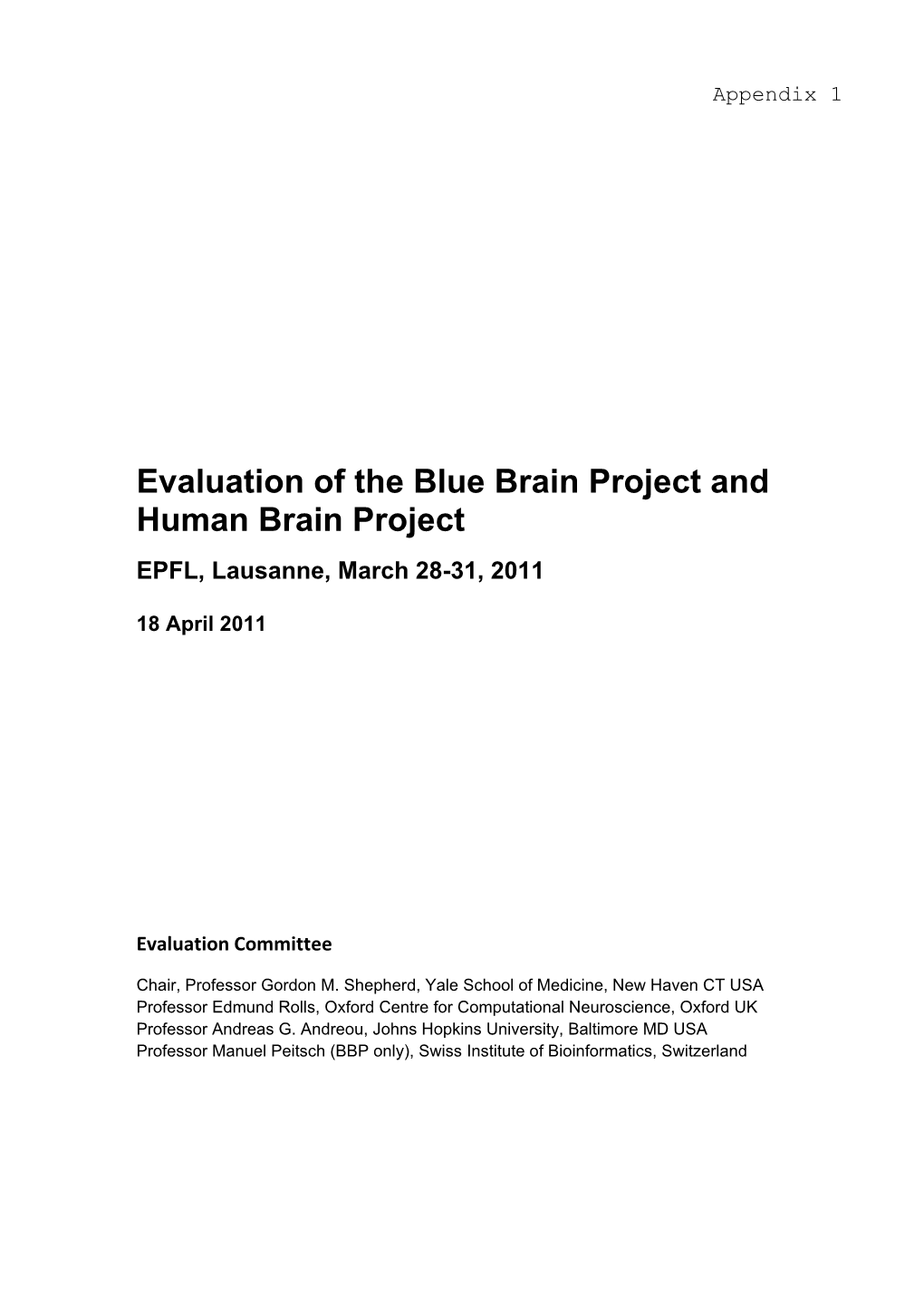 Evaluation of the Blue Brain Project and Human Brain Project EPFL, Lausanne, March 28-31, 2011