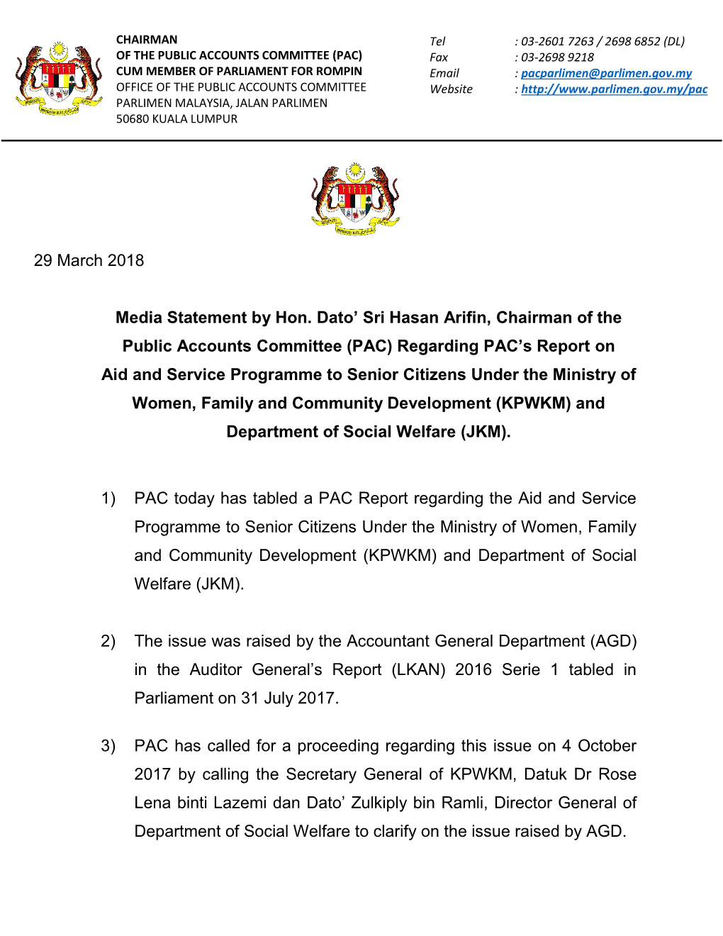 29 March 2018 Media Statement by Hon. Dato' Sri Hasan Arifin