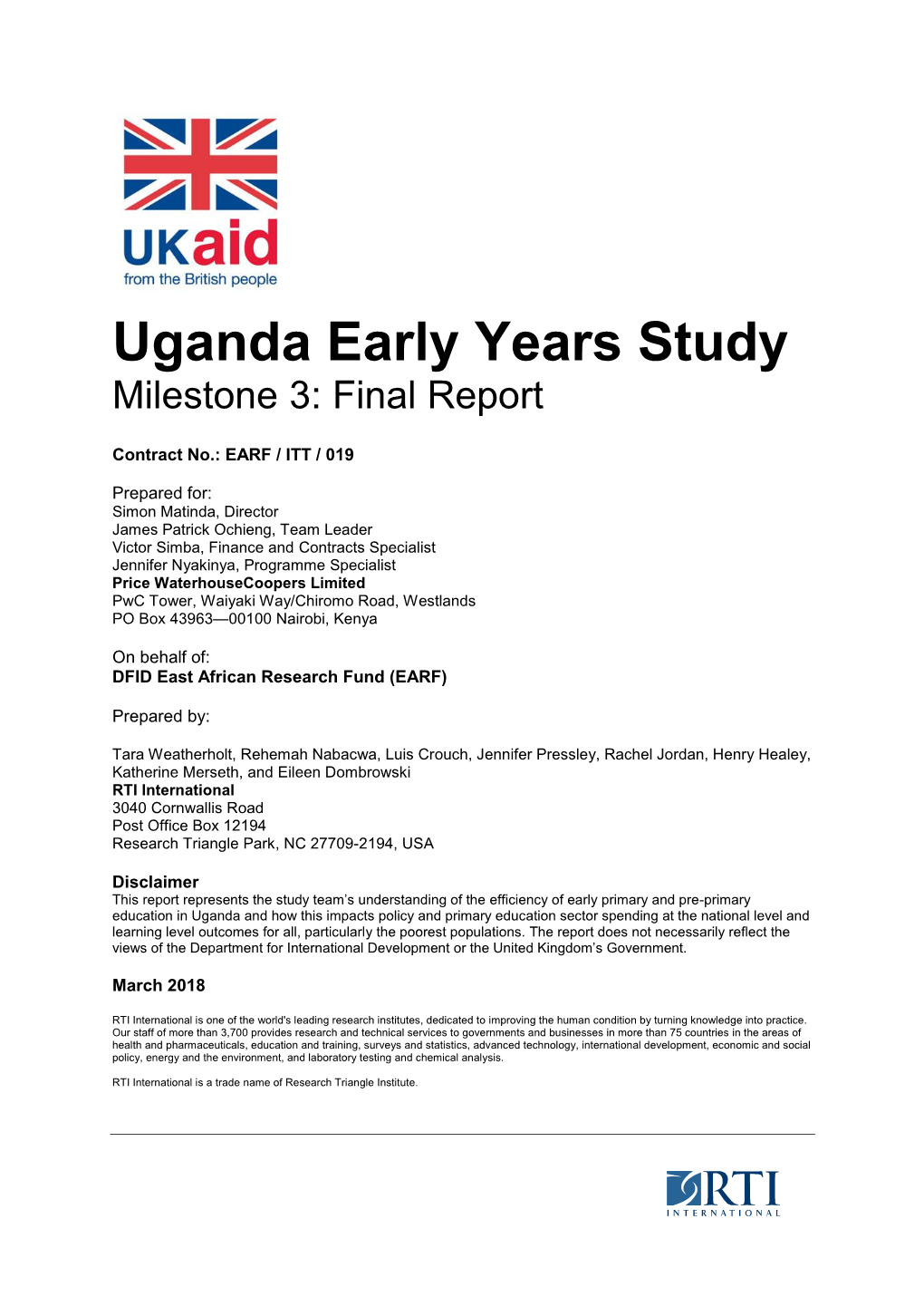 Uganda Early Years Study Milestone 3: Final Report