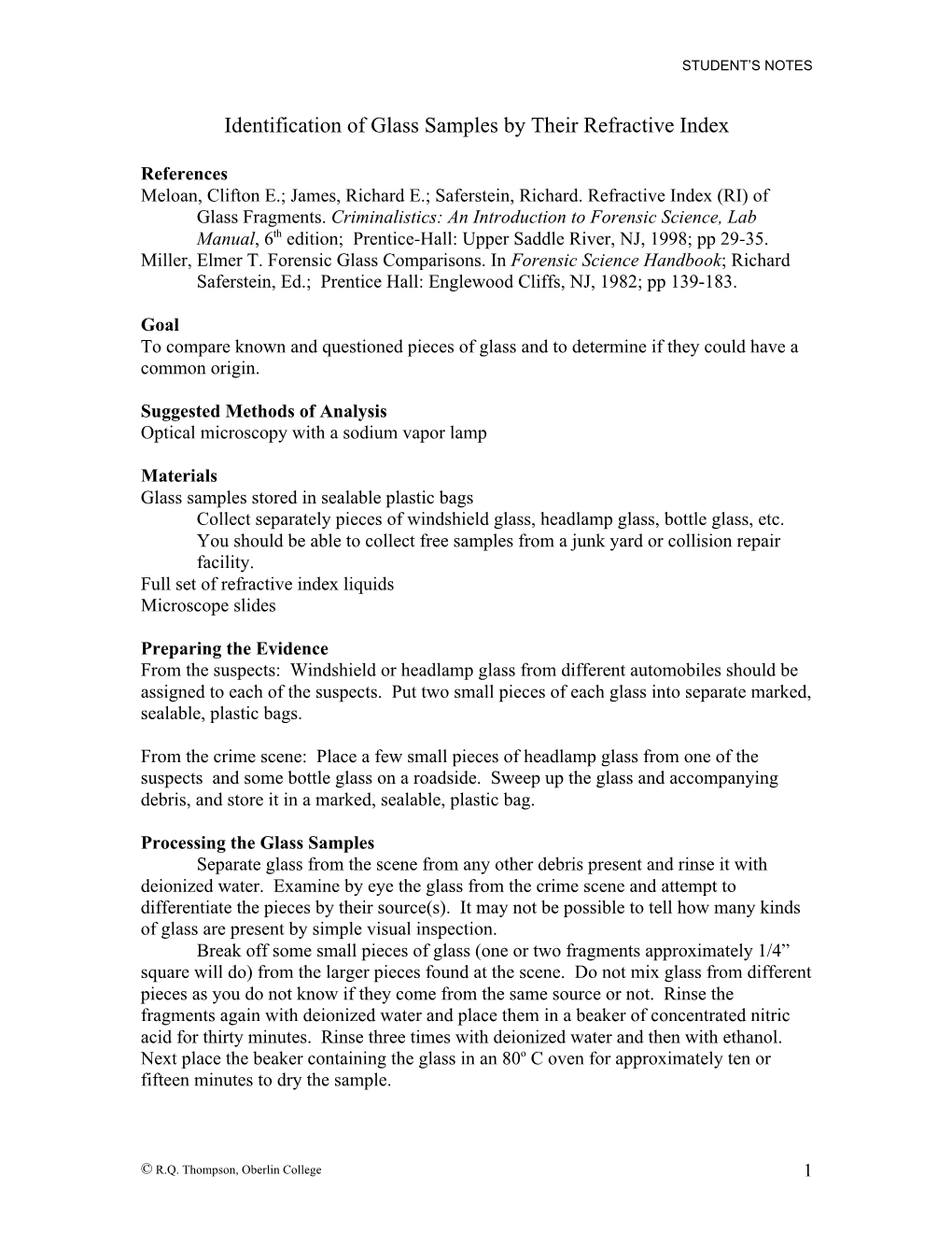 Identification of Glass Samples by Their Refractive Index