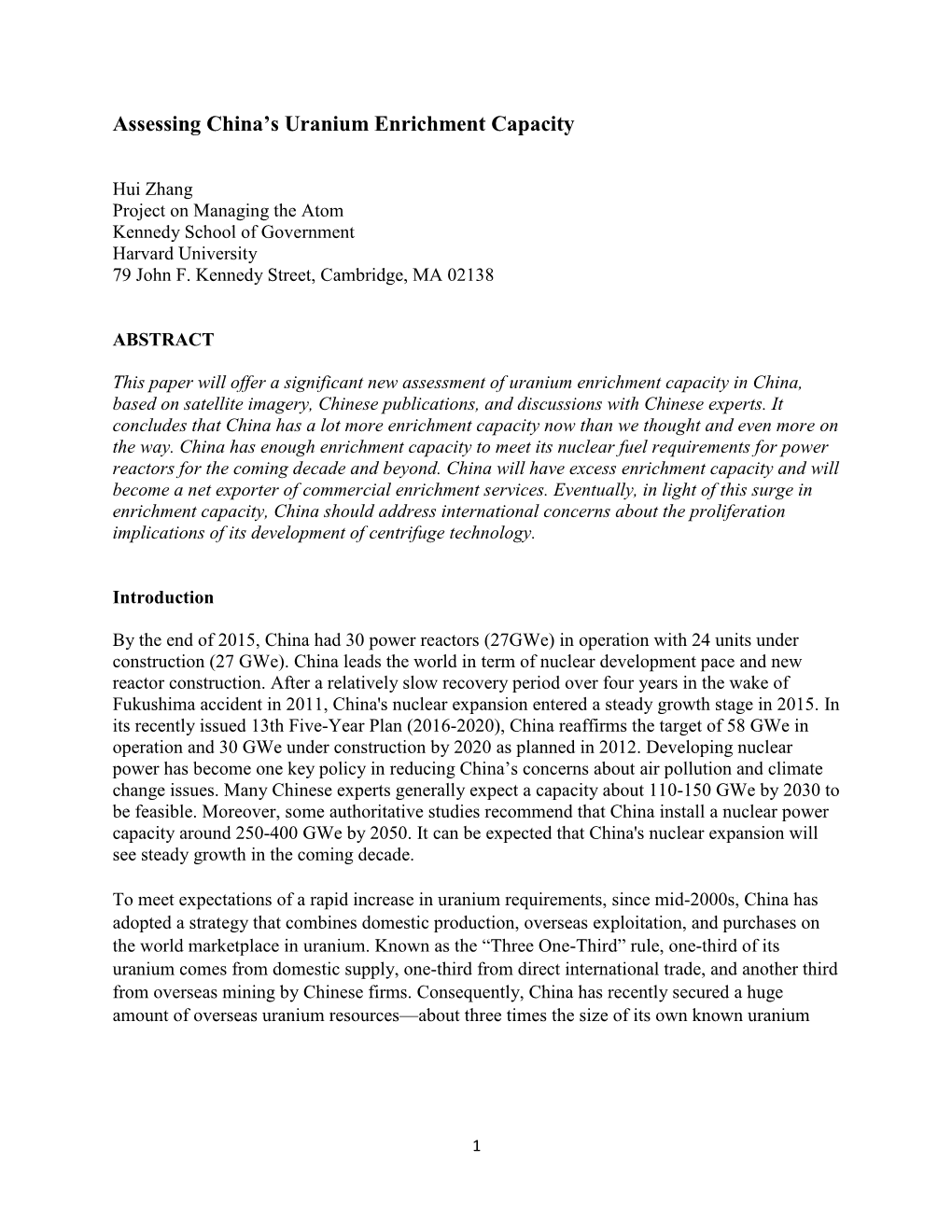 Assessing China's Uranium Enrichment Capacity