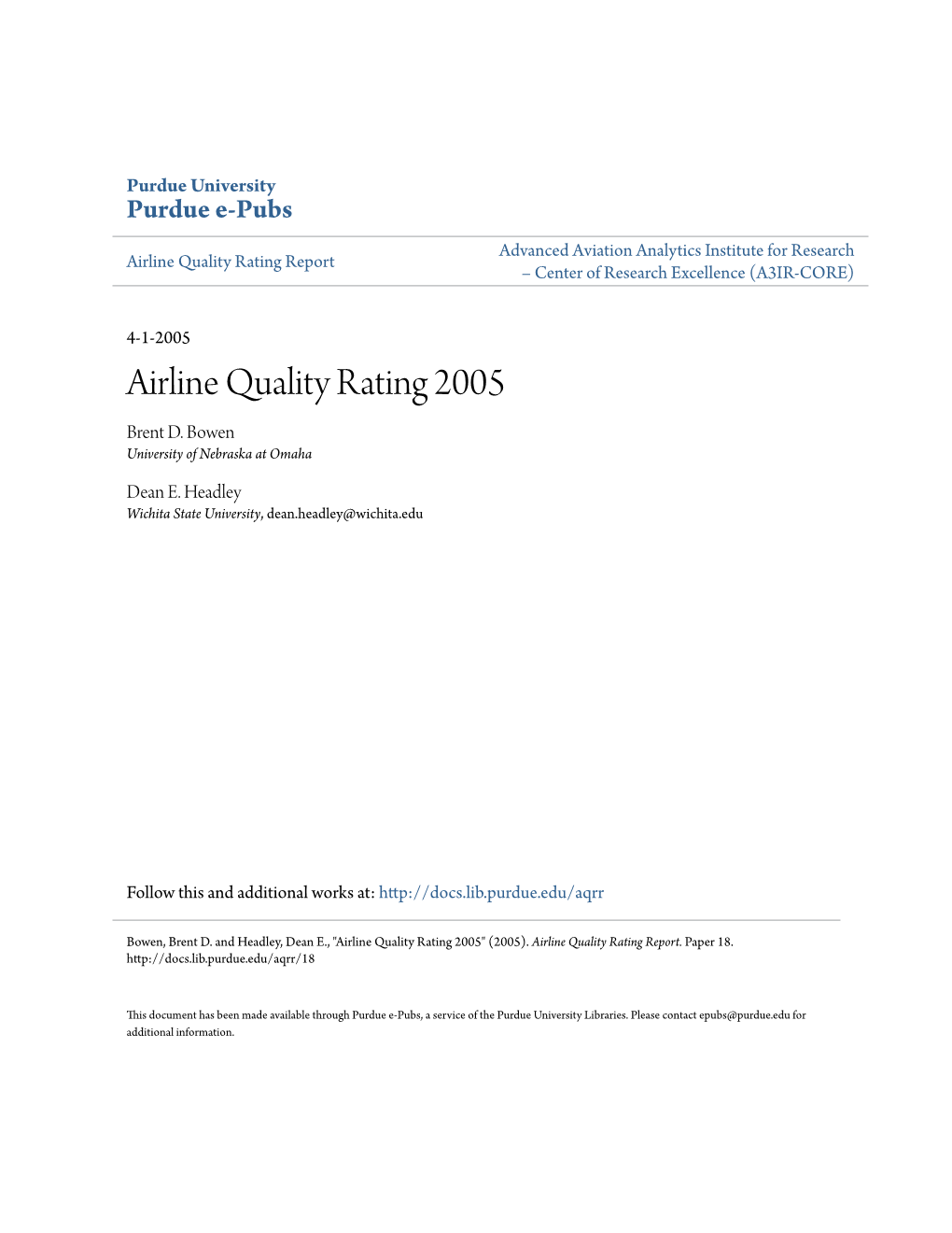 Airline Quality Rating 2005 Brent D