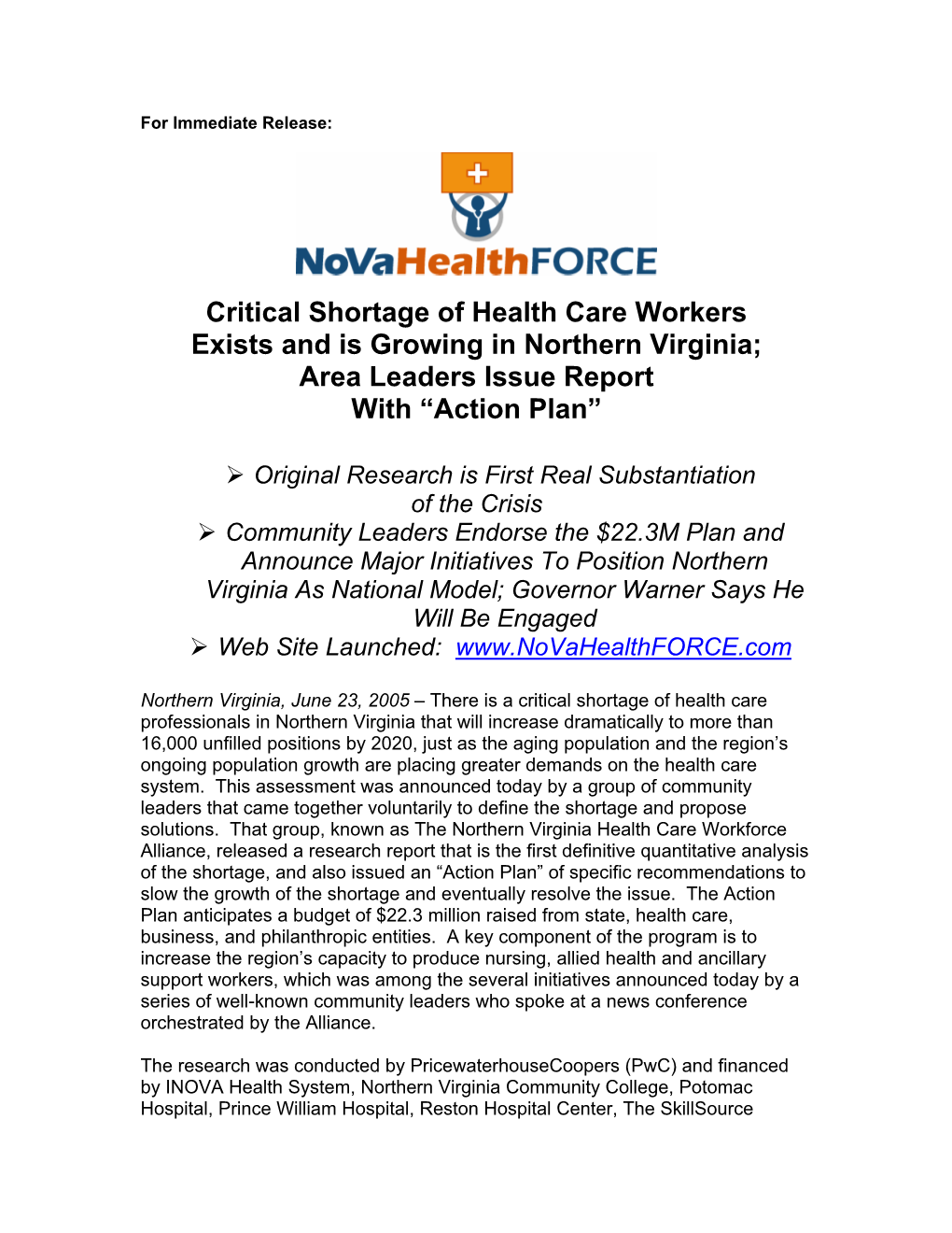 Critical Shortage of Health Care Workers Exists and Is Growing in Northern Virginia; Area Leaders Issue Report with “Action Plan”