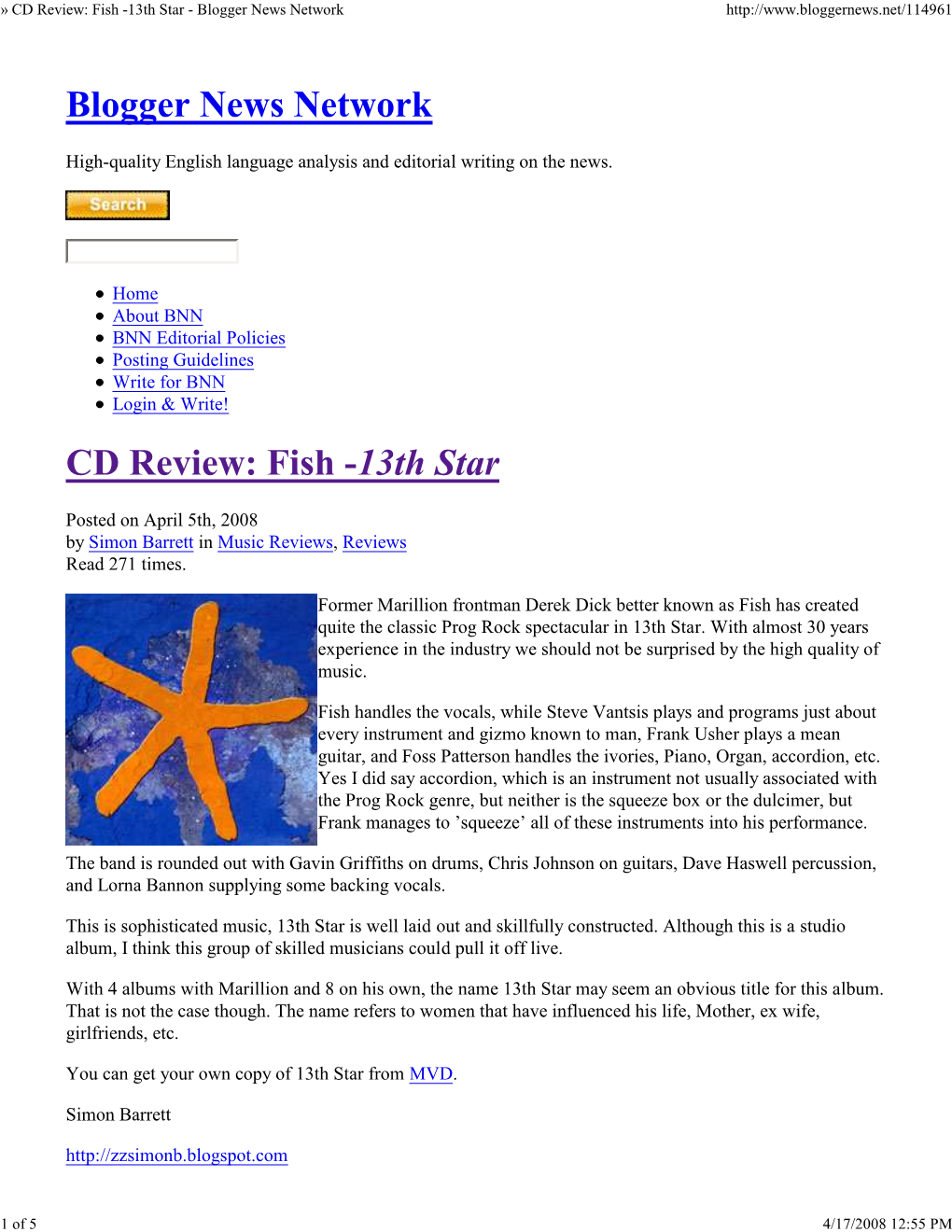 CD Review: Fish -13Th Star - Blogger News Network