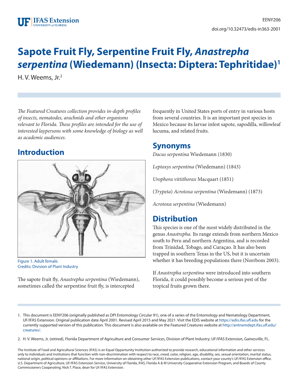 Sapote Fruit Fly, Serpentine Fruit Fly, Anastrepha Serpentina (Wiedemann) (Insecta: Diptera: Tephritidae)1 H