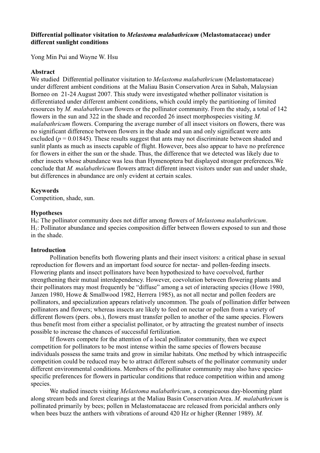 Differential Pollinator Visitation to Melastoma Malabathricum (Melastomataceae) Under Different Sunlight Conditions