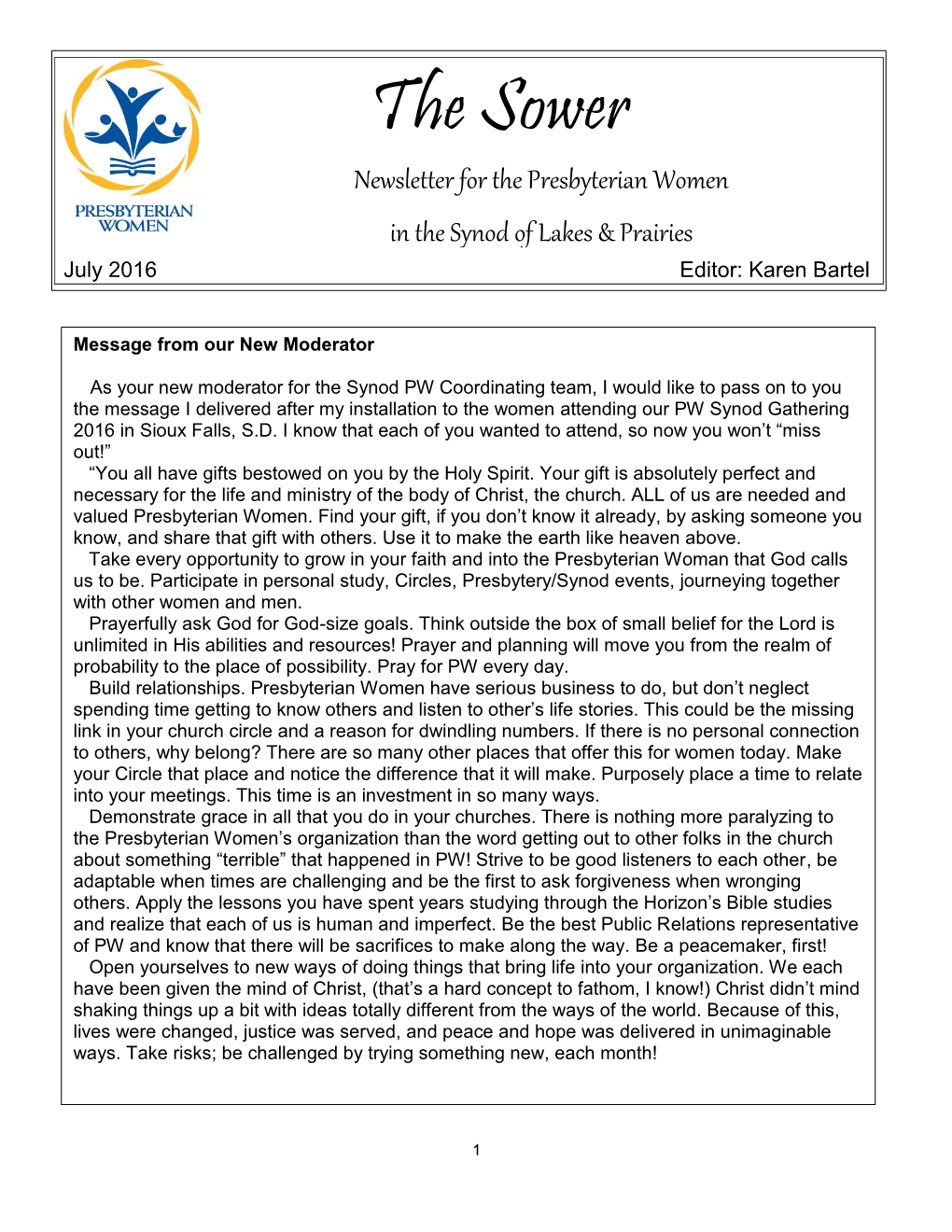The Sower Newsletter for the Presbyterian Women