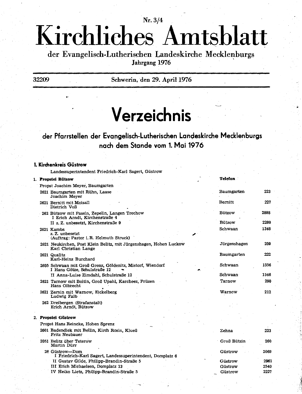 Kirchliches Amtsblatt Der Evangelisch-Lutherischen Landeskirche Mecklenburgs Jahrgang 1976 '